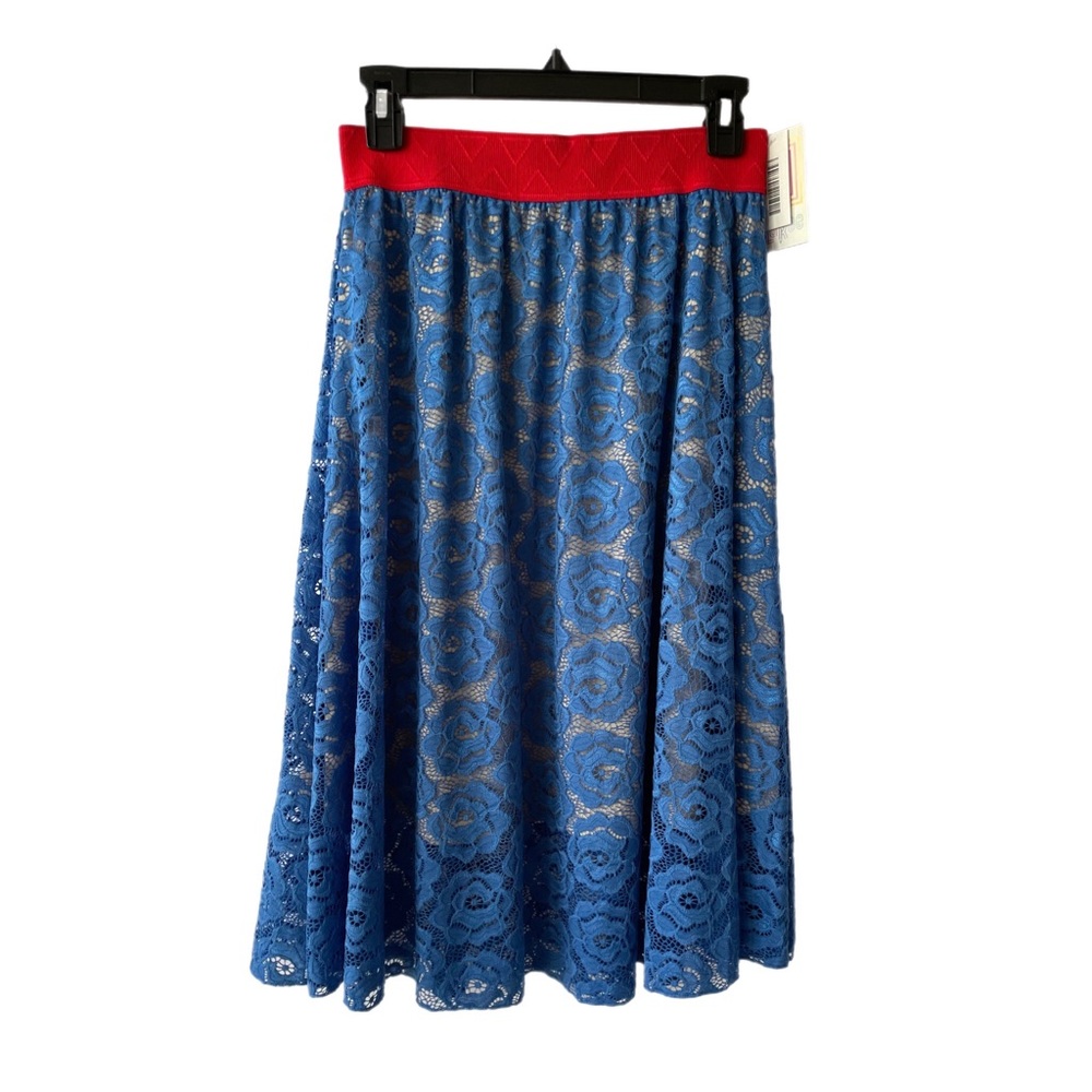 NWT LuLaRoe Lola Midi Skirt Blue Lace With Red Waistband Women’s Size XS